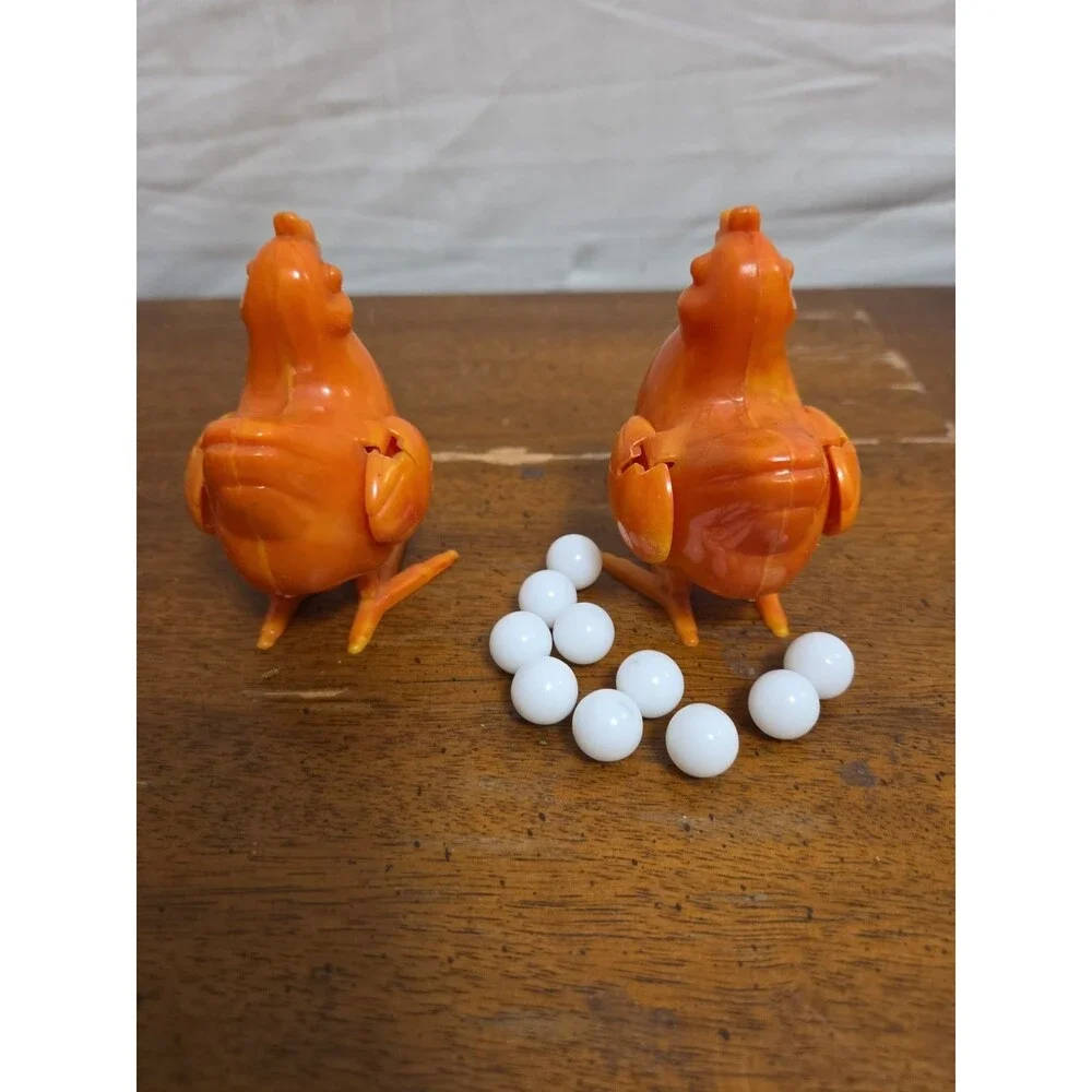 Vintage Catalin Bakelite Orange Marbled Egg Laying Chicken Toy Set Of 2 Works!